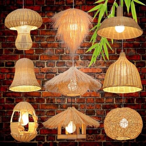 Chinese Zen Style Hand Knitted Bamboo Wicker Lanten Straw Hat Rattan Made Cord Pendant Light E27 Incandescent Bulb Bar Club