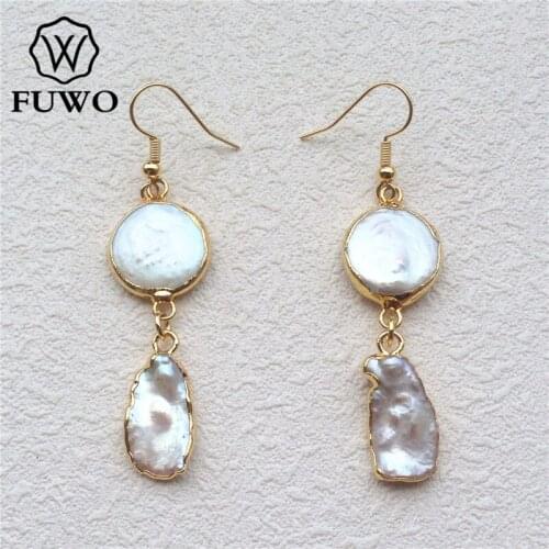 FUWO Fashion Freshwater Pearl Earrings With 24K Gold Filled Raw Flat Drop Baroque Pearl Earrings Bohemia Jewelry Wholesale ER521