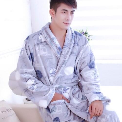 Male Robe Man Plus Velvet Thickened Flannel Long Sleeved Bathrobe Sleepwear Winter Coral Velvet Comfortable Casual Pajamas H5641