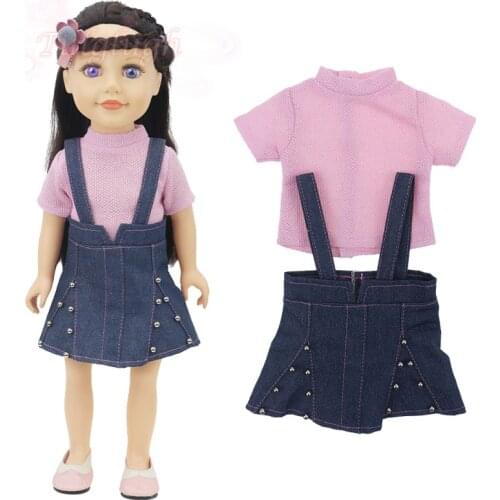 New Pink Wool Top and Denim Suspender Skirt Suit Wear Fit American Girl Doll 18 Inch Doll Clothes And Accessories,Birthday Gift