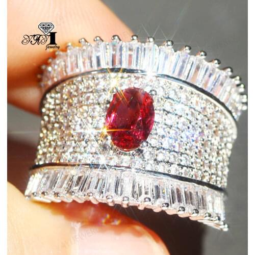YaYI Jewelry Fashion Princess Red Corundum Ruby Gemstone Zircon Stamped S925 Silver Color Engagement Lovers Wedding Party Rings