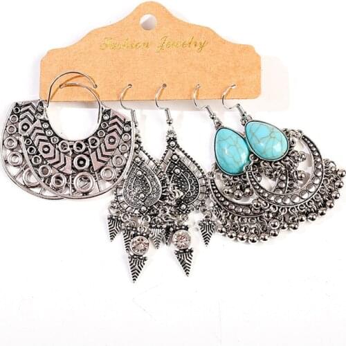 Ethnic Gypsy Silver Color Dangle Earrings Set Summer Vintage Ladies Beads Tassel Earrings For Women Boho Earrings Accessories