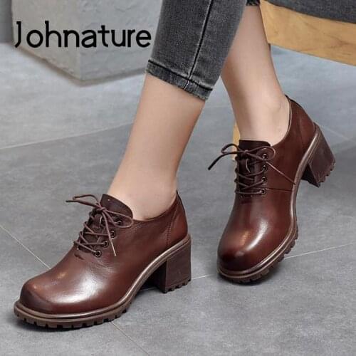 Johnature Pumps Women Shoes Genuine Leather Lace-Up Retro 2021 New Spring/Autumn Handmade Platform Heels Casual Ladies Shoes