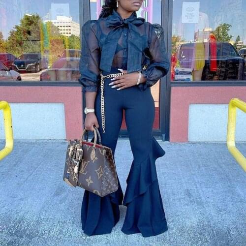 2021 Fashion See-Through Mesh Blouse Outfits Lady Elegant Ruffle Flare Pants Suits Women Bowknot Shirt Two Piece Sets Streetwear