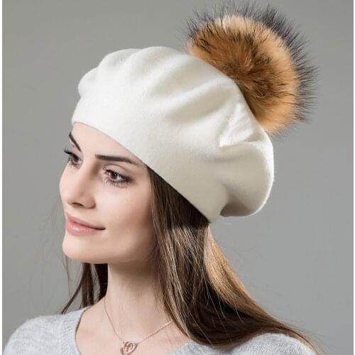 [Rancyword] Women Beret Wool Hat Winter Knitted Wool Berets Real Fur Pompom Hats Beanies Female Top Quality Beret Cap RC2046