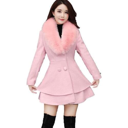 Brieuces Autumn Winter Long Wool Coat Women Ruffles Wool Blend Coat and Jacket Removable Fur Collar Wool Women Coat Outwear
