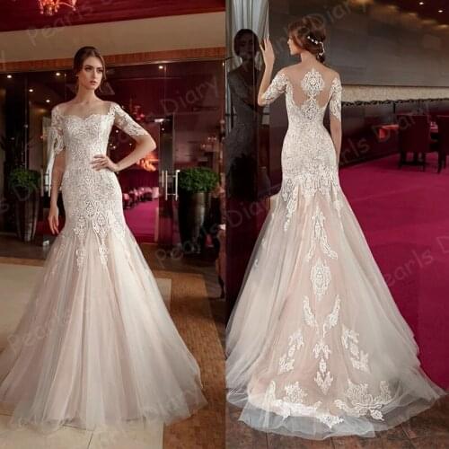 Elegant Sexy Mermaid Wedding Dresses 2021 vestido De Noiva High Quality Lace Applique Sweep Train Half Sleeve Bride Bridal Gowns