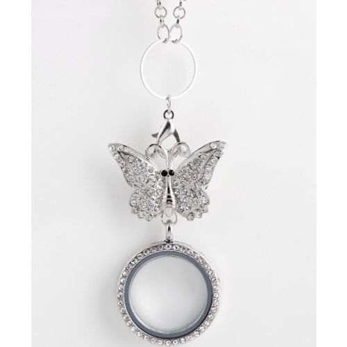 10pcs/lot 3 Color New Fashion wholesale 30mm Little Butterfly Glass Floating Memory Locket With Strass For Women XF25