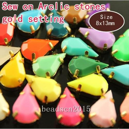 20pcs 8x13mm teardrop solid candy acrylic sew on stones with gold copper Settings beads stones diy For Clothes Dress