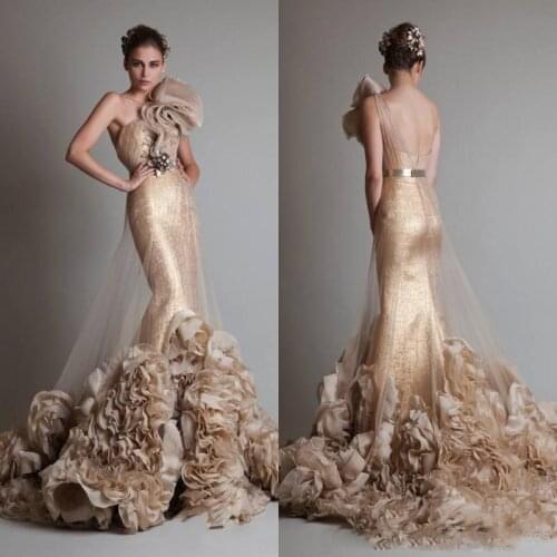 2016 Prom Dress Fashion Sexy One Shoulder Belt Ruffle Sheer Tulle Mermaid Prom Dresses Backless Prom Dresses With Court Train Fr