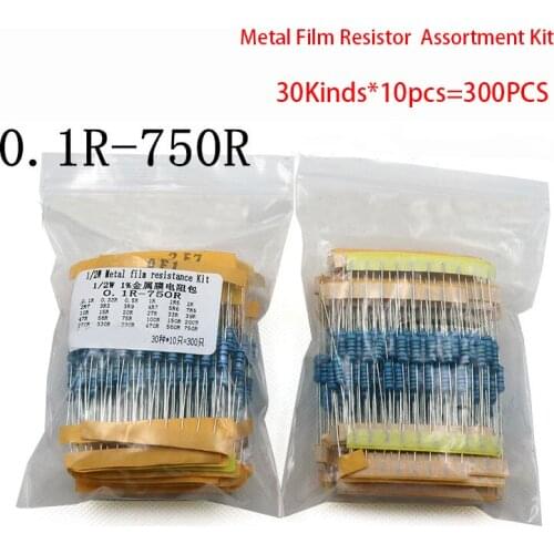 300pcs 1~750 Ohm 1/2w Resistance 1% Metal Film Resistor Assortment Kit Set 30Kinds*10pcs=300PCS