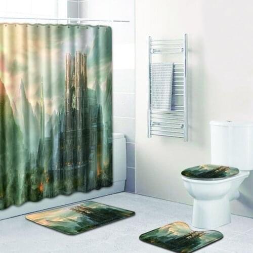 4 Pcs/Set City Scenic Shower Curtain Bath Rug Set Toilet Cover Bath Mat Set Bathroom Accessories Curtains with Hooks