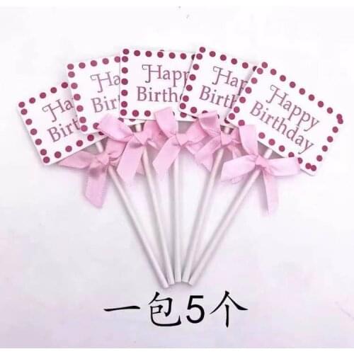 5pcs/lot Bow Happy Birthday Cake Topper DIY Blank Wedding Cupcake Flags Birthday Party Cake Baking Decor Baby shower Cake Flags