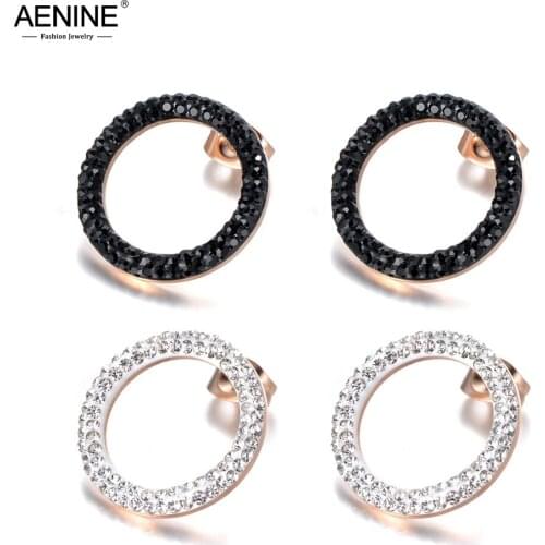 AENINE Trendy OL Style Stainless Steel Jewelry White/Black Clay Cystal Earrings Rose Gold Round Shape Christmas Gift AE18455