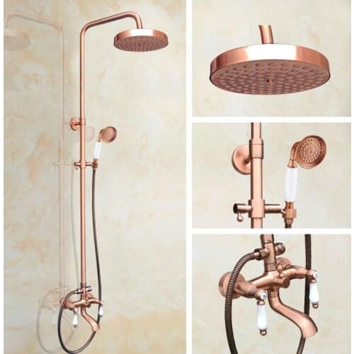 Antique Red Copper Brass Dual Ceramic Handles Bathroom 8 Inch Round Rain Shower Faucet Set Tub Mixer Tap Hand Shower mrg575