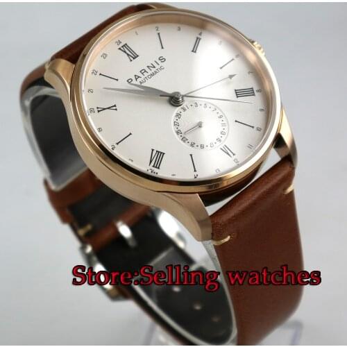 42mm Parnis White dial stainless steel Rose gold Case Complete Calendar Sea gull Automatic movement Mens Watch