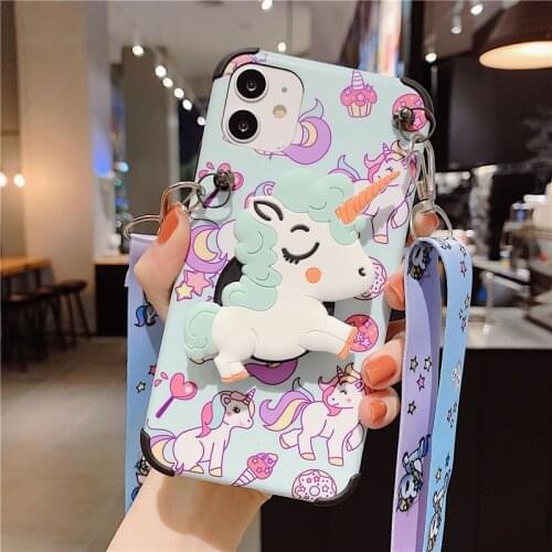 Luxury 3D cartoon cute Lanyard Bracket unicorn For Apple iPhone 11 12 Pro Max Case Mini X XS XR 6 6s 7 8 Plus SE 2020 Cover