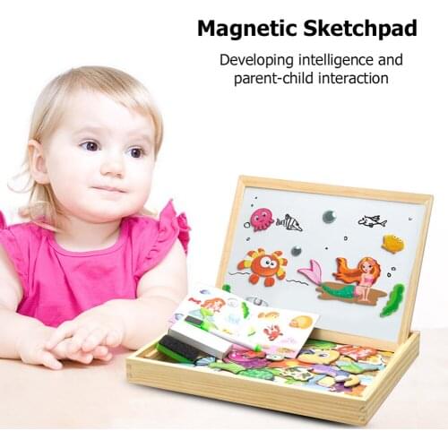 Children 3D Wooden Double-sided Magnetic Puzzle Board Jigsaw Box Drawing Board Enlightenment Early Educational Toys for Kids