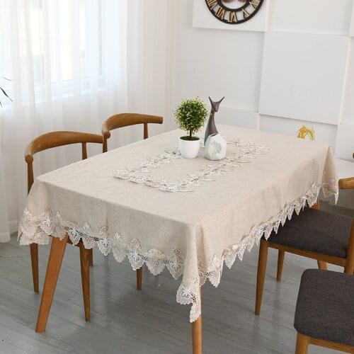 European Linen Cotton Tablecloth Grey Lace Embroidery Water Soluble Hem Yarn Cover Washable Table Cloth for Tea Table Textile