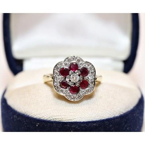 Perfect Old Original 18K Gold Vintage Natural Diamond and Ruby Decorated Strong Ring
