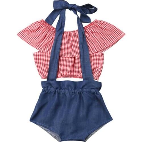 Newborn Baby Girl Ruffle Plaid Tops Crop Denim Shorts Overalls Outfits Sunsuit girls Denim shorts pants summer horn