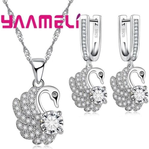 The Beautiful Shiny Swan Style Jewelry Sets 925 Sterling Silver Cubic Zirconia Necklace Pendant Drop Earring for Ladies