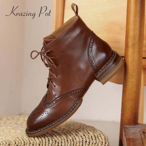 Krazing Pot preppy style genuine leather retro superstar thick med heel round toe lace up leisure dating modern ankle boots L83