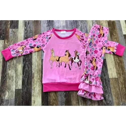 Baby hot selling girl pink farm horse pattern floral ruffled lace long sleeve dress set series