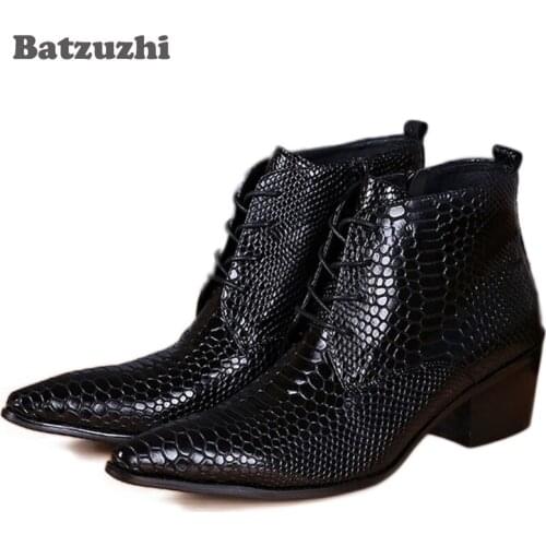 Batzuzhi Japanese Style Fashion Men Boots Pointed Toe Snake Pattern Leather Ankle Boots for Men 6.5CM Heels High Motocycle Boots