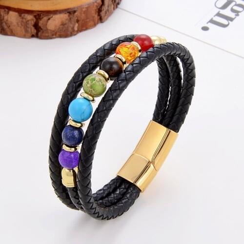 Natural Tiger Eye Beads 7 Chakra Bracelet Leather Rope Chain Yoga Healing Balance Bracelets Mothers Day 2021 Jewelry Wholesale