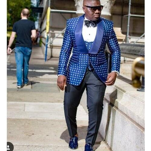 New Arrival Blue Polka Dot One Button Groom Tuxedos Shawl Lapel Groomsmen Mens Wedding Prom Suits 3 Pcs (Jacket+Pants+Vest+Tie)