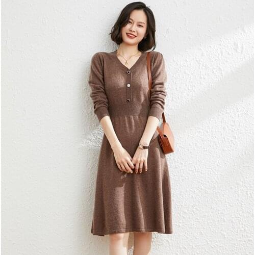 2021 Womens Autumn 100% Cashmere Sweaters And Winter Knitted Dresses Pullovers High Quality Solid Warm Soft Knee-Length Dress