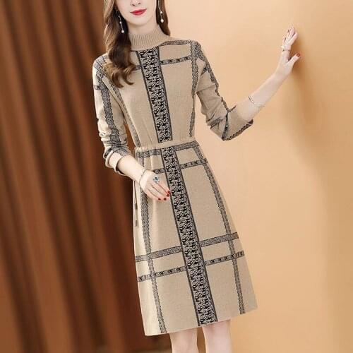 Autumn Winter Vintage Plaid Print Draw String Dresses Warm Women Knitted Half High Collar Dresses Elegant Female Sweater Dresses