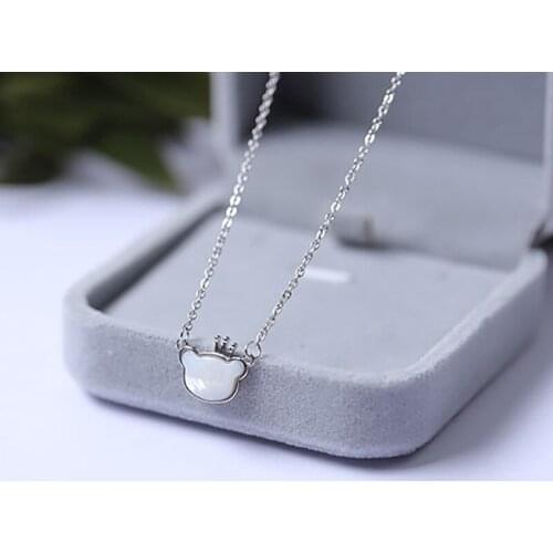 ALLNEWME Cute Shell White Color Bear Crown Pendant Necklace for Women Ladies Silver Colour Thin Chain Necklace Chic Accessories