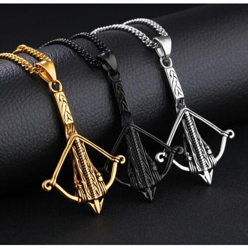 Sporty Style Stainless Steel Cool Bow and Arrow Fitness Mens Boys Jewelry Pendant Necklace Cuban Curb Link Chain 24inch