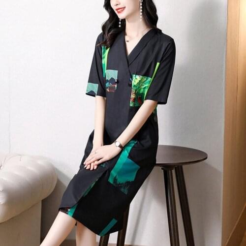 Plus Size Female Black Printed Summer Dress 2021 New Suit Collar Fashion Short Sleeve Loose Casual Ladies Suit Dresses aq1169