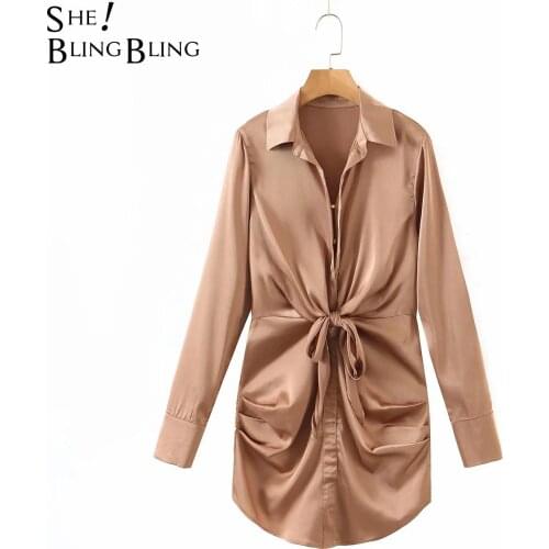 SheBlingBling 2021 Za Green Satin Shirt Dress Tie Front Ruched Long Sleeve Buttons Curved Hem Women Casual Straight Mini Dress