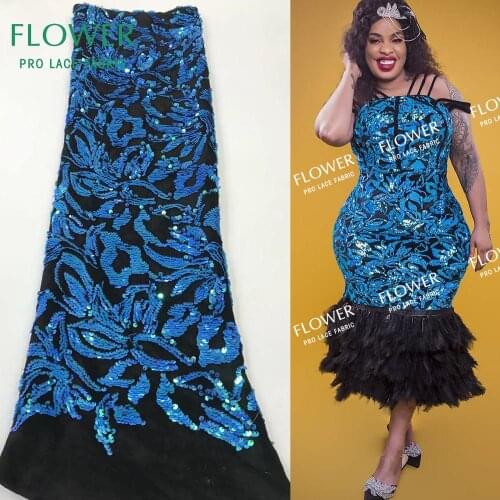 Blue Sequined Embroidered Velvet Lace Fabrics African Guinea Sequins Laces Wedding Velvet Fabrics Material Prom Dresses Fabrics