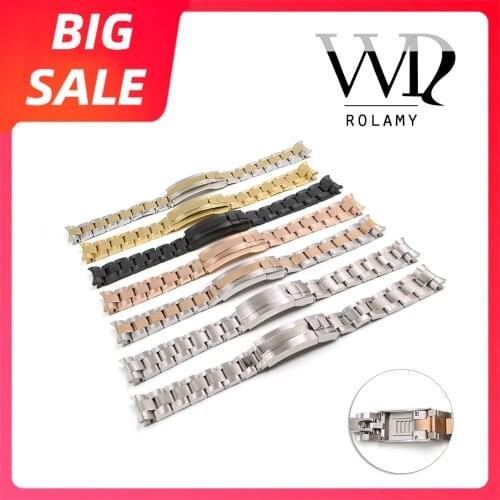 Rolamy 20 21mm Solid Curved End Screw Links Glide Lock Clasp Steel Watch Band Bracelet For OYSTER Style Rolex Submariner