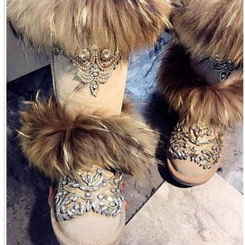Warm home custom big fox fur crown jewel crystal handsome high tube leather European station snow boots star models