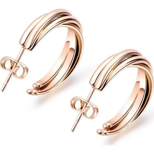 Three Lines Twist Rose Gold Plating Stainless Steel Hoop Earrings