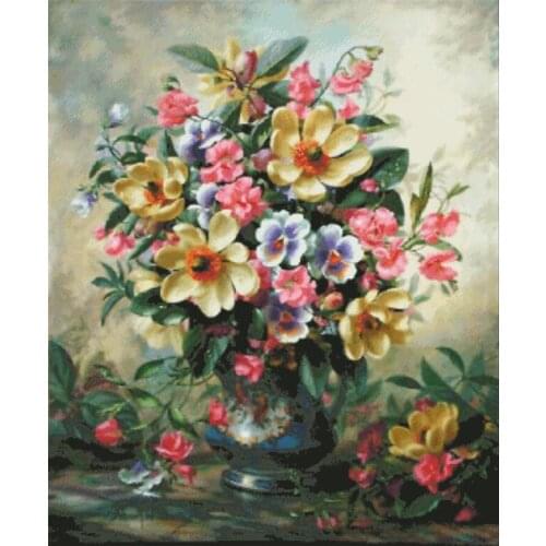 Yellow flower vase cross stitch package big bloom 18ct 14ct 11ct cloth cotton thread embroidery DIY handmade needlework