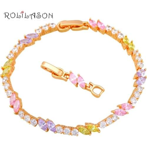 ROLILASON Color Crystal AAA Cubic zirconia yellow Golden Bracelets for women Fashion jewelry TBS1142