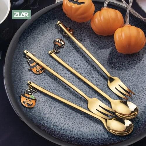 ZLAR Halloween Decoration Halloween Spoon Cutlery Set Tableware Dessert Spoon Fruit Fork Set Stainless Steel Specialty Spoons