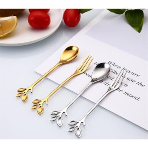2 Colors Vintage Spoons Fork Mini Royal Style Metal Gold Carved Coffee Snacks Fruit Dessert Fork Kitchen Tool Teaspoon 1set