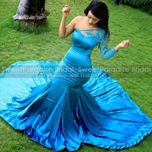 2021 Sky Blue Mermaid Evening Dresses With Appliques Beads Chapel Train Sheer Long Sleeves One Shoulder Celebrity Dress Party