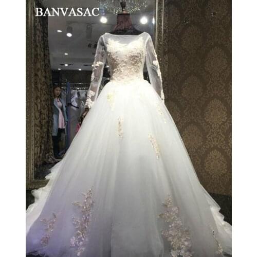BANVASAC 2018 Real Photos Boat Neck Ball Gown Long Sleeve Wedding Dresses Plus Size Lace Appliques Cathedral Train Bridal Gowns
