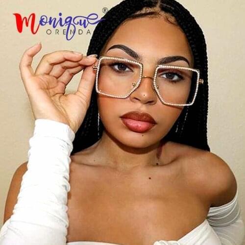 Blu-Ray Retro Sunglasses Women Square Large Frame Flat Mirror Crystal Eye Glasses Frames for Women Gafas De Sol Wholesale