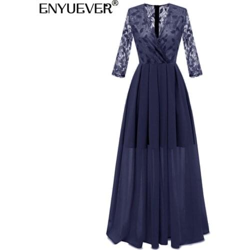 Enyuever Elegant Formal Dress Women Sleeve V Neck Lace Chiffon Runway Beach Maxi Long Wedding Party Dress Evening Gowns Vestidos