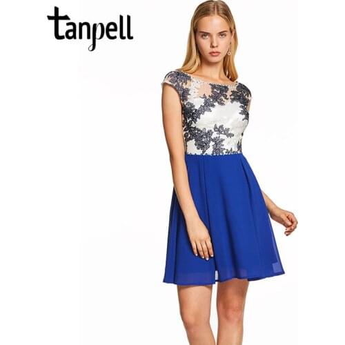 Tanpell beaded backless cocktail dress dark royal blue cap sleeves above knee a line gown lady embroidery short cocktail dresses